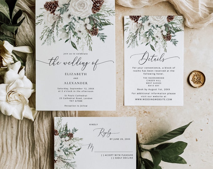 Evergreen winter Wedding Invitation suite. Elegant winter wedding invitation bundle. Editable winter wedding details, RSVP card #ev1