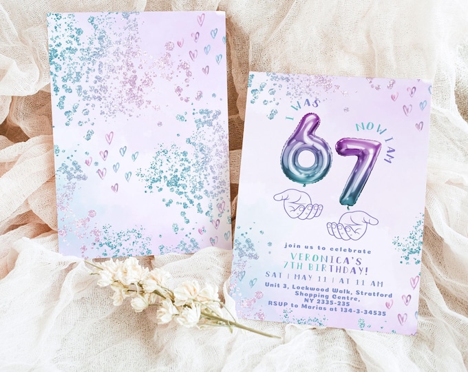 Six Seven Birthday invitation 6-7 meme Gender neutral purple invite
