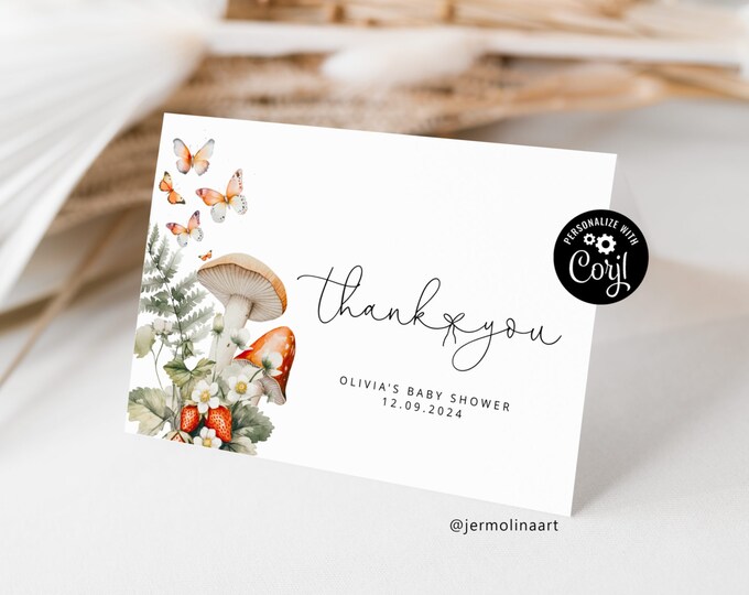Mushroom baby shower Thank You Card Printable Template.  Boho cottage core theme baby shower thank you card Corjl template#mush1