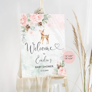 Winter deer baby shower welcome sign. Blush pink winter girl baby shower welcome sign #wb7