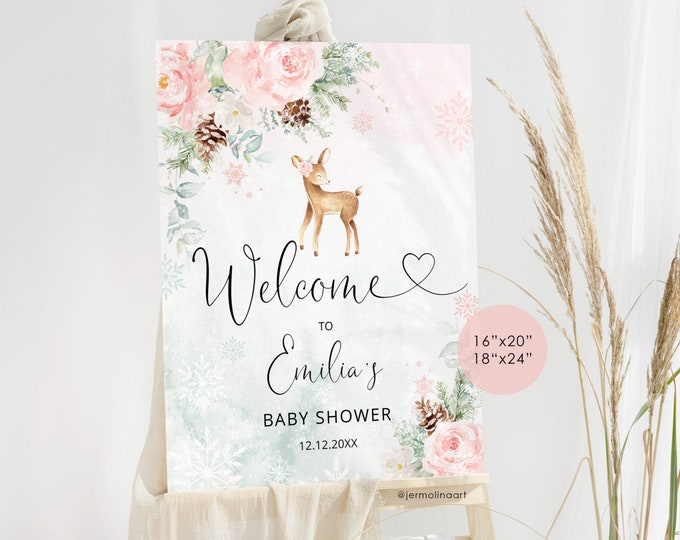 Winter deer baby shower welcome sign. Blush pink winter girl baby shower welcome sign #wb7