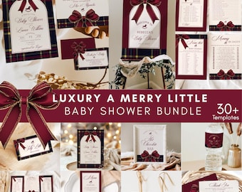 Luxury A Merry Little Baby Shower Bundle | Christmas Deep Red Bow Editable Corjl Template #rh1