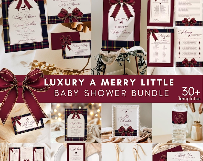 Luxury A Merry Little Baby Shower Bundle | Christmas Deep Red Bow Editable Corjl Template #rh1