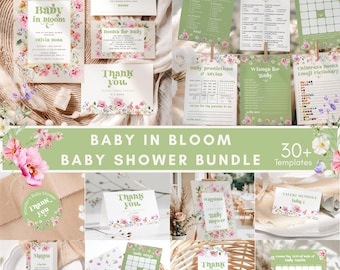 Baby in Bloom Sage green Wildflower Baby shower Bundle (Corjl Editable template) #wl2