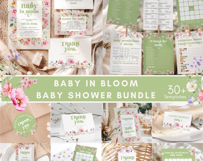 Baby in Bloom Sage green Wildflower Baby shower Bundle (Corjl Editable template) #wl2
