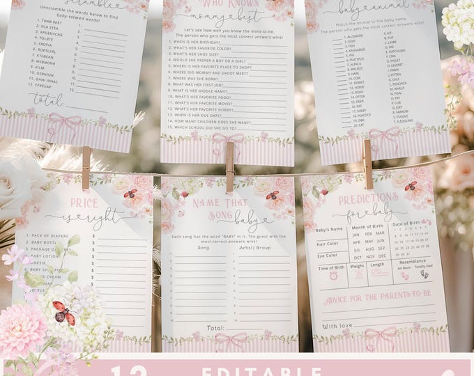 Whimsical Love Bug Baby Shower games bundle | Pink Bow games template #wl8