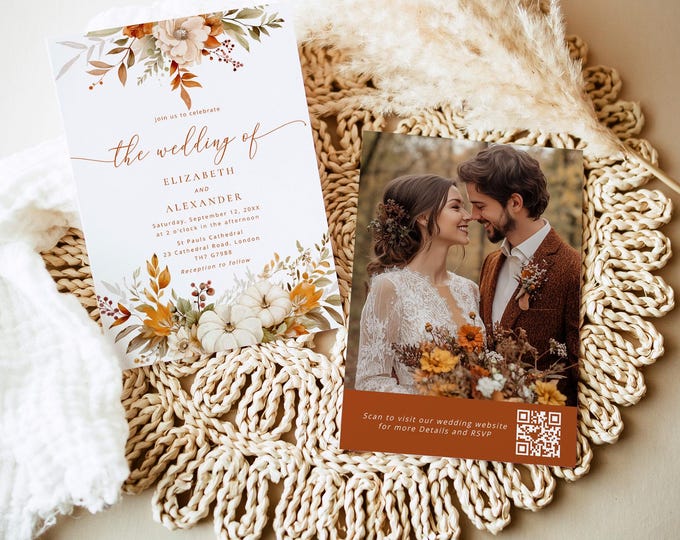 Fall wedding Invitation. Elegant autumn QR code Photo wedding invite #fw1