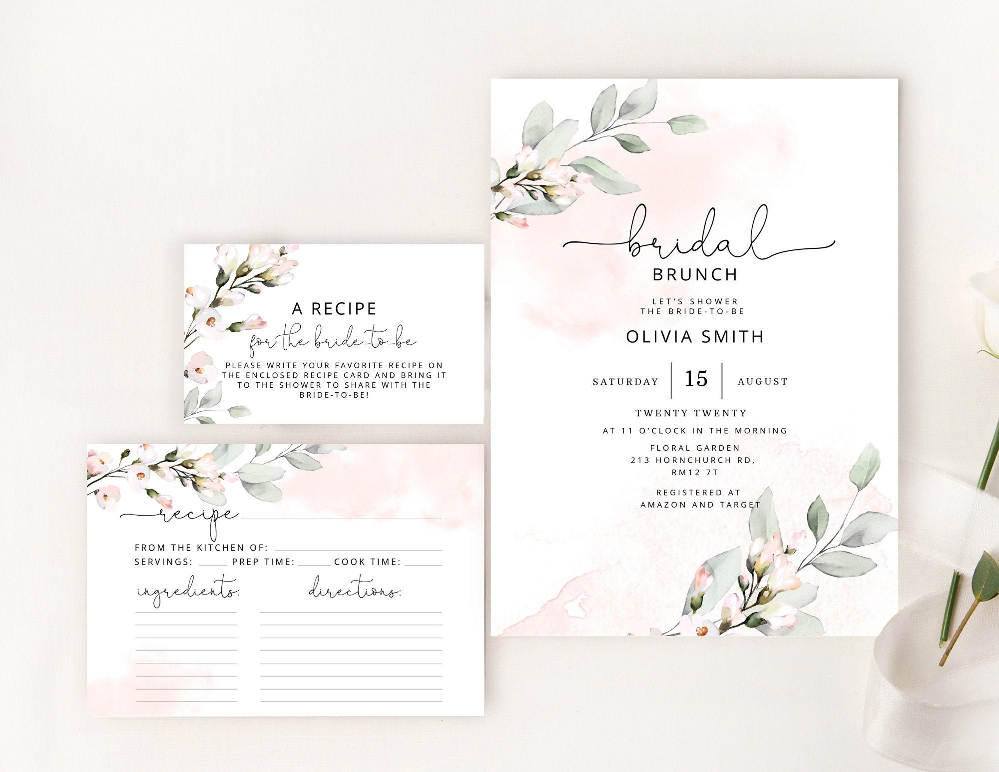 Bridal brunch  invitation template and recipe card. Modern Minimalist Bridal Shower invitation, recipe card. #BR4