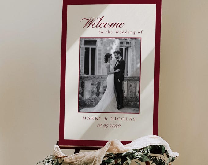 Luxury Old Money Deep burgundy Wedding photo Welcome sign template #om1