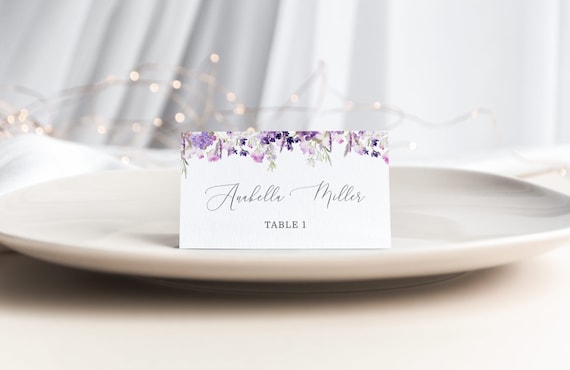 Lilac Place Cards Template. Lavender Printable Place Card. Purple Wedding Name Cards  Editable Corjl template #09