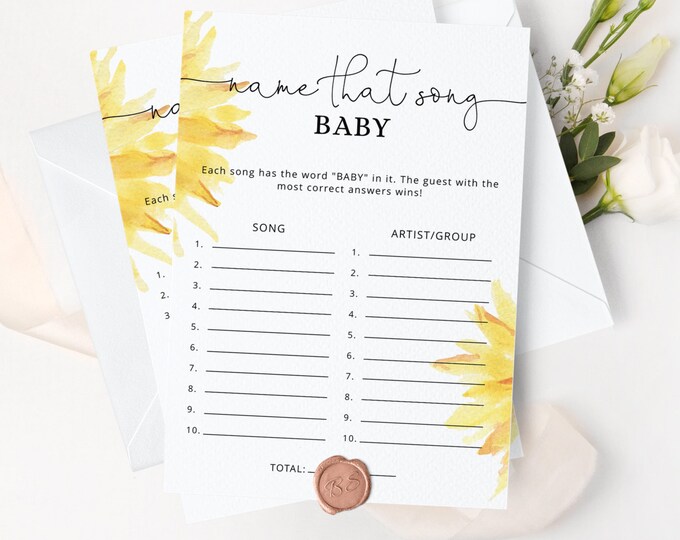 Sunflower name that song baby shower game. Minimalist sunflower baby shower games. Baby shower guessing game #sun1