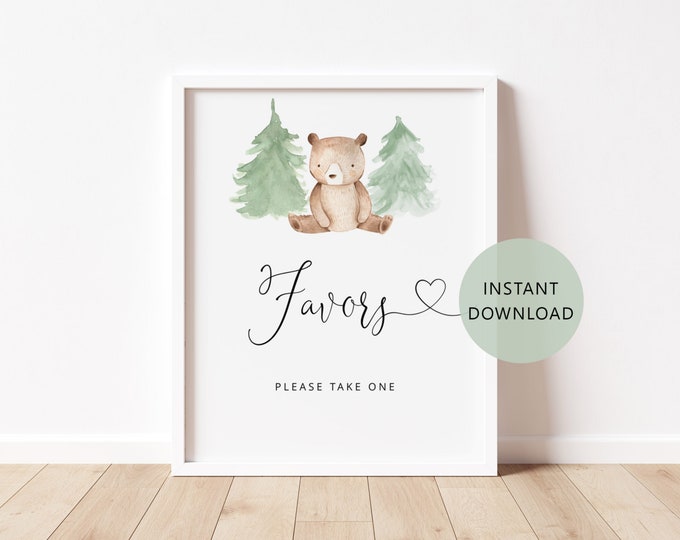 Favors please take one Sign. Bear baby shower favors sign. We can bearly wait baby shower. Instant Download. Baby shower decor #w2