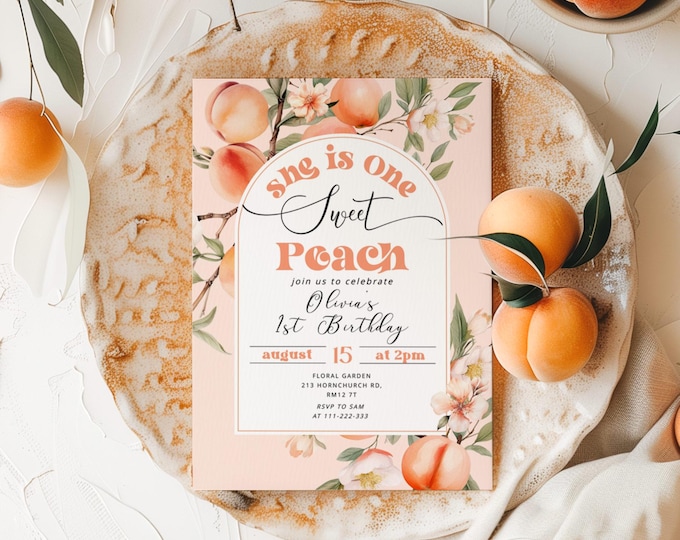 One sweet peach 1st birthday invitation. Editable summer Pech birthday Corjl template. Arch Sweet as a peach birthday invite #pch1