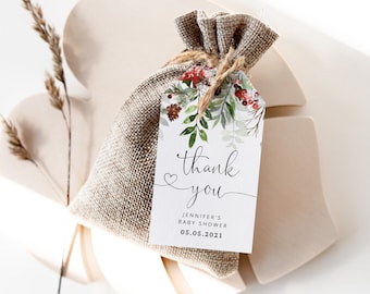 Winter baby shower thank you tag. Baby its cold outside favor tag template.  Editable winter greenery favor tag. Winter baby shower #rg2