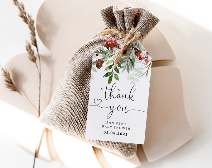 Winter baby shower thank you tag. Baby its cold outside favor tag template.  Editable winter greenery favor tag. Winter baby shower #rg2
