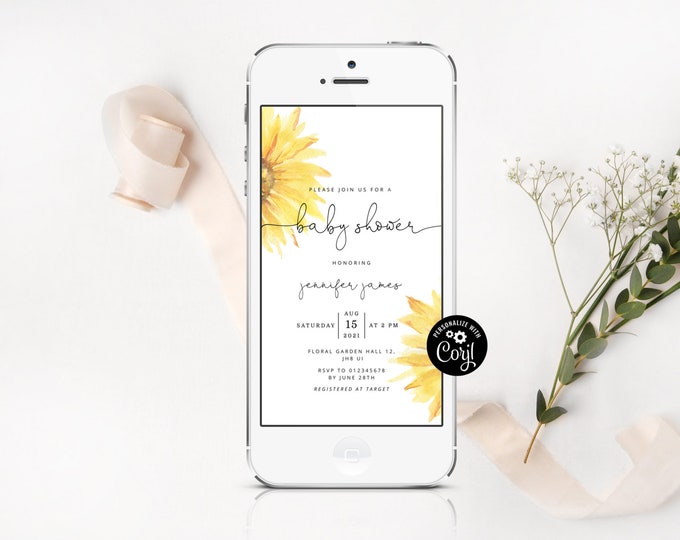 Sunflower baby shower e-vite. Minimalist sunflower electronic invitation  #sun1