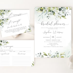 Modèle d’invitation à la douche nuptiale de verdure et carte de recette. Verdure eucalyptus Douche nuptiale, Carte de recette douche nuptiale #01