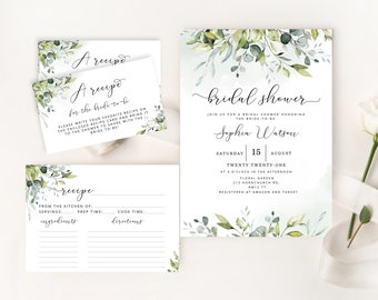 Greenery bridal shower invitation template and recipe card. Greenery eucalyptus Bridal Shower, Bridal Shower recipe card #01