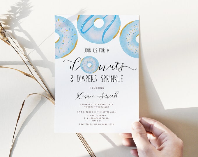 Donuts and diapers sprinkle baby shower invitation. Blue donuta baby shower invite. Donut baby shower invitation. Corjl Printable #04