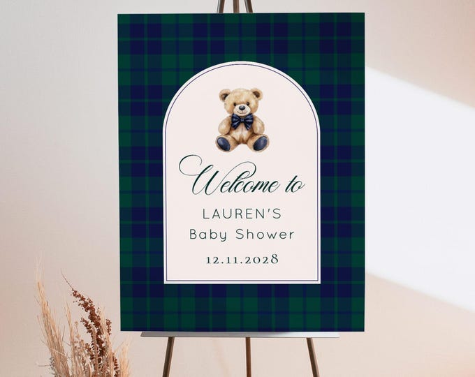 Preppy Teddy Bear Plaid Baby shower Welcome sign. Nay Bow Corjl Editable template #pbe1