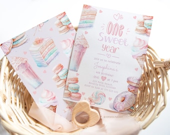 Editable One sweet year birthday invitation. Pastel Ice Cream candy Sweet One 1st birthday invitation. Corjl template #ice1