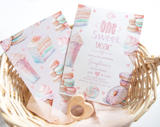 Editable One sweet year birthday invitation. Pastel Ice Cream candy Sweet One 1st birthday invitation. Corjl template #ice1