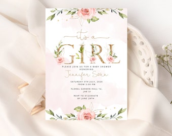 Blush Pink Baby girl Shower Invitation template.  Floral boho Baby Shower Invitation. It's a Girl baby Shower Invitation pink. Corjl #bs6