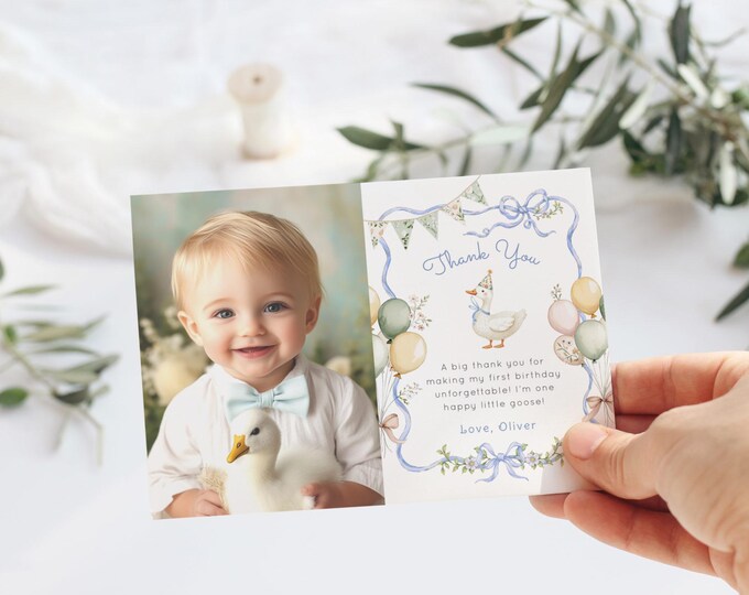 One Silly Goose 1st Birthday Photo Thank you card. Blue bow frame Boy Birthday thank you card. GranmillenialThank you card Corjl #sg1