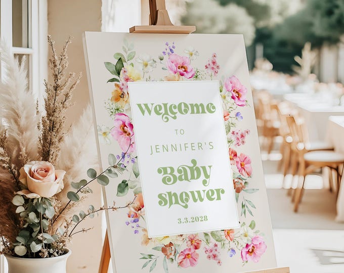 Wildflower Sage green Baby Shower Welcome sign template | Editable Corjl #wl2