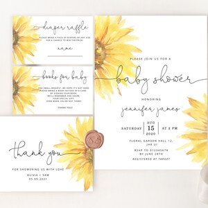 May include: A set of four cards with a sunflower theme for a baby shower. The cards include a diaper raffle, a request for books instead of cards, a thank you card, and a baby shower invitation. The invitation is for Jennifer James on August 15th, 2020 at 2 PM at Floral Garden Hall 12, in the UI. RSVP by June 28th to 012345678. Registered at Target.