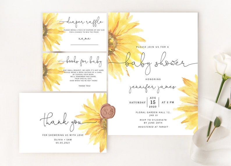 May include: A set of four cards with a sunflower theme for a baby shower. The cards include a diaper raffle, a request for books instead of cards, a thank you card, and a baby shower invitation. The invitation is for Jennifer James on August 15th, 2020 at 2 PM at Floral Garden Hall 12, in the UI. RSVP by June 28th to 012345678. Registered at Target.