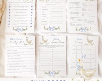 Silly Goose Blue Bow Baby Shower Games bundle, Whimsical Goose Editable Corjl templates #sg1
