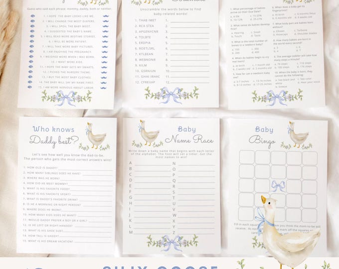 Silly Goose Blue Bow Baby Shower Games bundle, Whimsical Goose Editable Corjl templates #sg1
