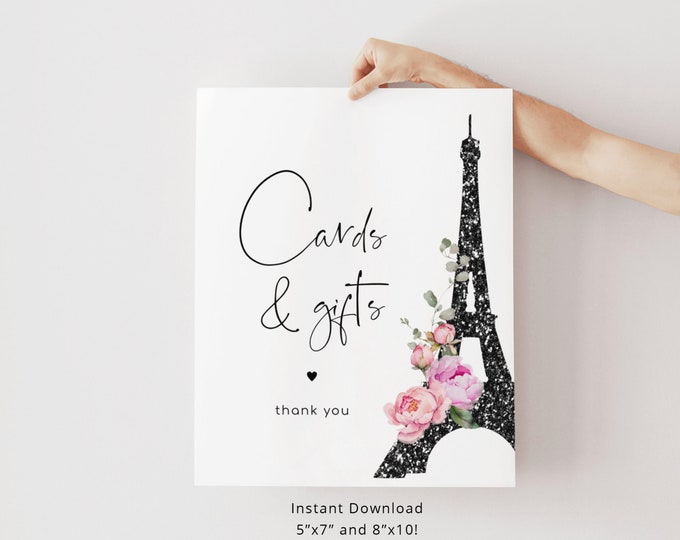Eiffel tower Cards and Gifts Sign in 2 Sizes. Paris minimalist Cards & Gifts Sign. Pink black Paris bridal shower cards and gifts #par1