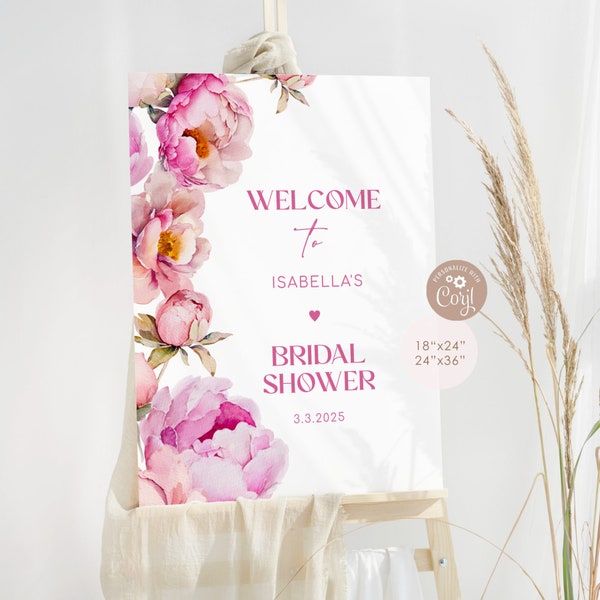 Petals and prosecco bridal shower welcome sign. Elegant hot pink bridal shower welcome sign. Fuchsia peony welcome signCorjl template #pet1