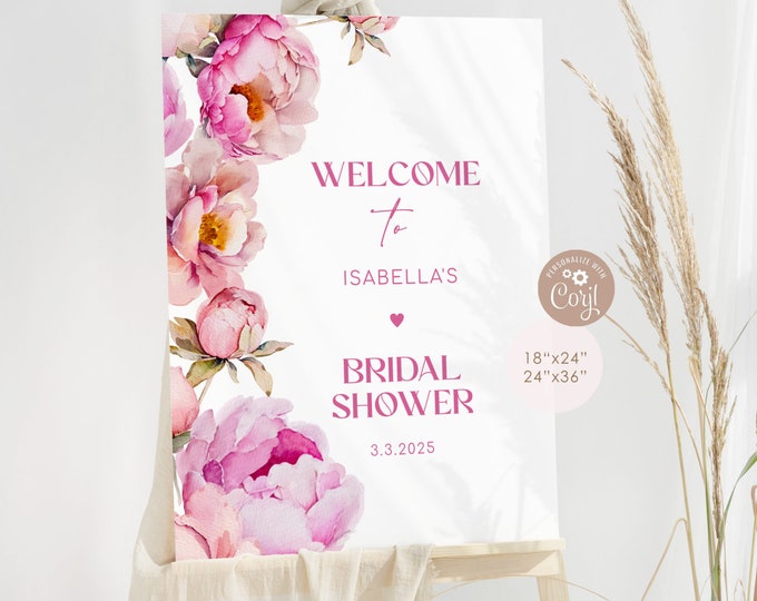 Petals and prosecco bridal shower welcome sign. Elegant hot pink bridal shower welcome sign. Fuchsia peony welcome signCorjl template #pet1