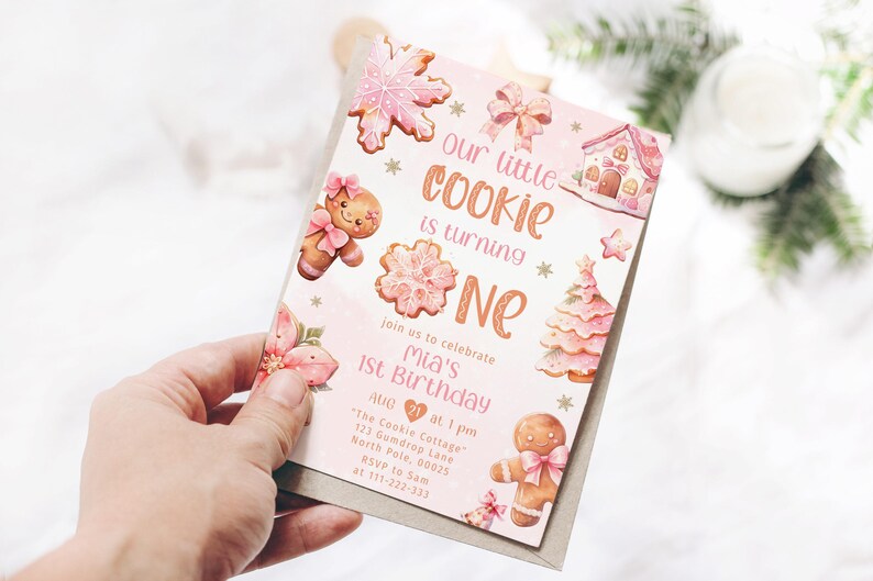 Milk and Cookies 1st Birthday Invitation: Pink One Little Cookie Theme (Corjl Template) #1cc image 5