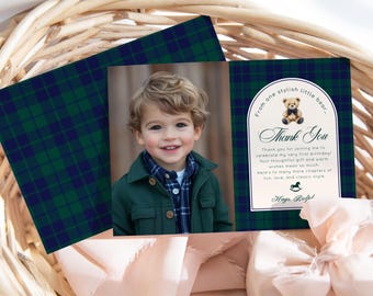 Polo Teddy Bear Beary 1st Birthday Photo Thank you Card template Corjl #pbe1