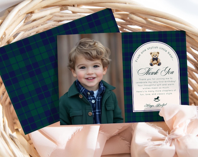 Polo Teddy Bear Beary 1st Birthday Photo Thank you Card template Corjl #pbe1