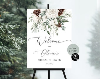 Winter bridal shower welcome sign. Editable evergreen welcome sign. Christmas welcome sign  Corjl Printable template #ev1