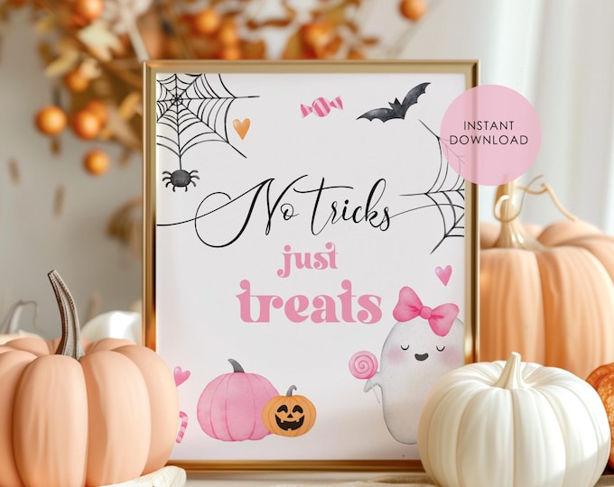 No tricks just treats Halloween Sign. Little Boo is almost Due pink No tricks just treats sign  Instant Download #hl2