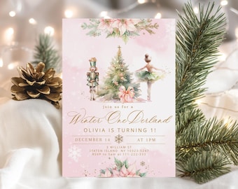 Winter Wonderland First Birthday invitation, Nutcracker Pink Gold Editable Corjl Template #mn1