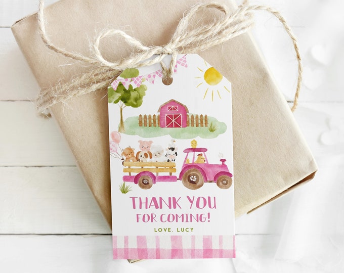 Editable pink Farm Animals Favor Tag. Pink farm thank you tag. Girl pink Tractor birthday Favor tag #f1