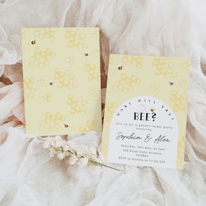 Bee gender reveal invitation. What will baby bee gender reveal invitation. Minimalist honey bee gender reveal Corjl Printable #be1