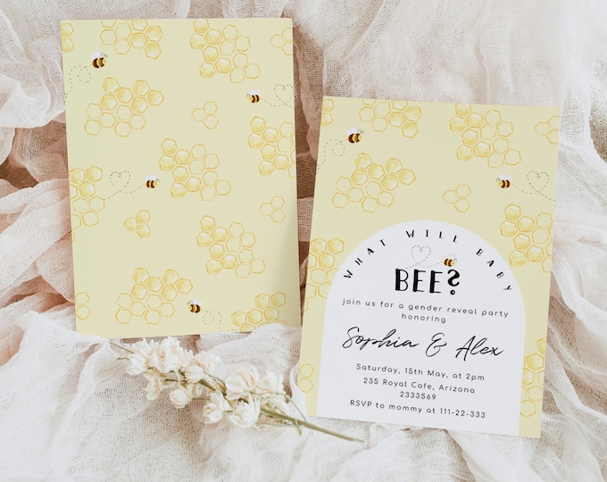 Bee gender reveal invitation. What will baby bee gender reveal invitation. Minimalist honey bee gender reveal Corjl Printable #be1