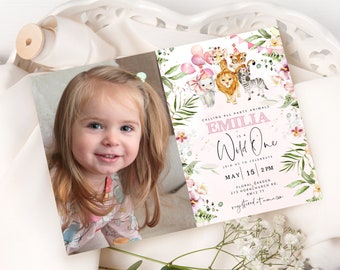 Wild one safari girls birthday invitation photo. Editable party animals birthday Invite. Girls safari animals 1st birthday Invite. #saf2