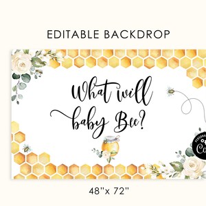 Op de afbeelding: Een witte achtergrond met een honingraatpatroon en bloemmotieven. De tekst "What will baby Bee?" is geschreven in zwarte cursieve letters. De achtergrond is 48 inch bij 72 inch.