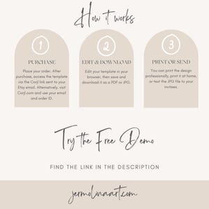 May include: A beige graphic with the text "How it works" and numbered steps: Purchase, Edit & Download, and Print or Send. The graphic also includes the text "Try the Free Demo" and a website address.