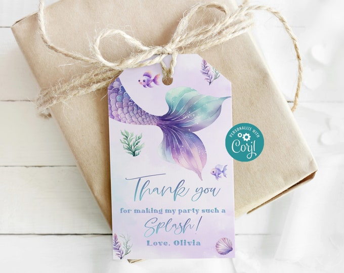 Editable Mermaid tail Favor Tag. Under the sea purple teal thank you tag. Mermaid party birthday Favor tag #mer1