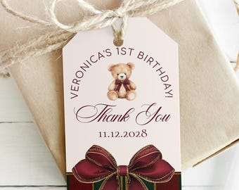 Winter classic Teddy Bear 1st Birthday Favor Tag: Elegant Red Bow Plaid Burgundy (Editable Corjl Template) #rb1